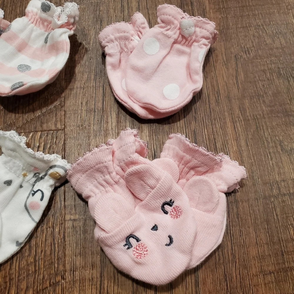 Gerber 4 Organic Cotton Baby Girl Mitts Mittens Pink Polka Dots Bunny Rabbits